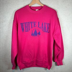 Vintage 90s Jerzees Travel Crewneck White Lake Womens Large Pink Retro Pullover